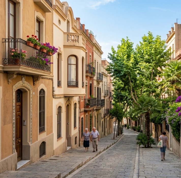 Vistas de las calles tranquilas, casas tradicionales y vegetación en el barrio de La Salut, Barcelona
